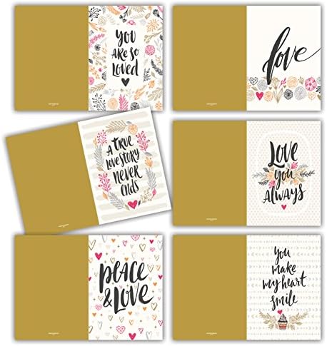 'Elegant Gold and Letters for Wedding Folding Cards Set, 12 Cards with Romanischen Sayings of Love Engagement, Valentine's Day