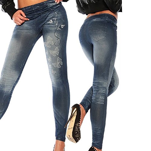 Femmes Leggings Jeans Pantalon Yoga de Sport Stretch Taille Haute Jeggings Bleu