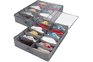 Queta 2 Pack Under Bed Shoe Storage Organizer Box with Clear Lid Fits 24 Pairs, Foldable Underbed Shoe Storage Bag Solution 80x 63x 15cm