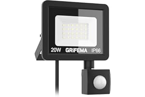 GRIFEMA 20W Faretto LED da Esterno con Sensore di Movimento, 2200LM, 24 LED 6500K Bianca Fredda, IP66 Impermeabile, Faro LED per Giardino, Garage e Cortile, Modalità Regolabili, Senza Spina