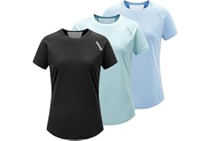 YAWHO Damen Sport T-Shirt 3er Pack Funktionsshirt Laufshirt Fitness Shirt Trainingsshirt Kurzarm Rundhals Atmungsaktiv Schnelltrocknendes für Running Workout Gym