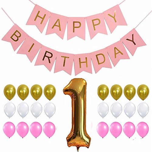 26/Set 1. Happy Birthday Dekoration Papier Wimpelkette Banner Set Folie Luftballons für Baby Dusche Mädchen ersten Geburtstag Deko Party Supplies Fotografie Prop