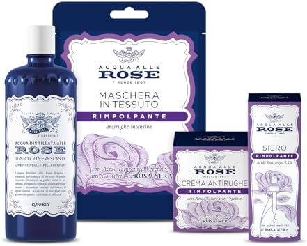 Acqua alle Rose, Kit Routine Viso Rimpolpante, Azione Riempitiva e Distensiva, contiene Tonico Rinfrescante, Crema Antirughe, Siero e Maschera in Tessuto - Esclusiva Amazon