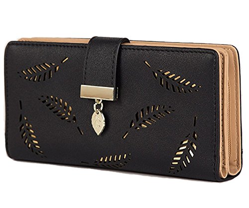 Tuopuda Women's Wallet Hollow Leaf Pattern Bifold Leather Lady Long Wallet Purse Coin Button Clutch Bag (Black)