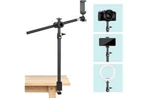 JEBUTU Supporto Fotocamera da Tavolo con Braccio Estensione Telescopico Regolabile, 360° Drehbar, Portatelefono, Testa a Sfera da 1/4", Supporto Luce da Scrivania per Fotocamera Phone Webcam Luce Anulare