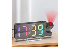 Maoskax Projection Alarm Clocks for Bedroom LED Digital Clock Colorful Digit 180° Rotatable Projector Snooze Date Temperature 12/24H 3-Level Brightness for Home Office (Adapter Not Included)