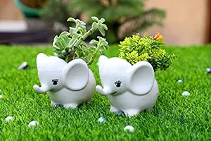 Ceramic Shiny Finish White and Orange Handmade Little Elephant Pair Plant Container , Pack of 2 (White & White)