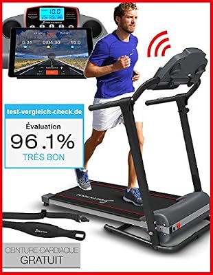 Sportstech Tapis de course Sportstech F10 avec app de contrôle via smartphone, ceinture d’impulsion de valeur de 39,90 € inclue, Bluetooth, 1HP, 10KM/H, 13 programmes de marche et de course– pliable