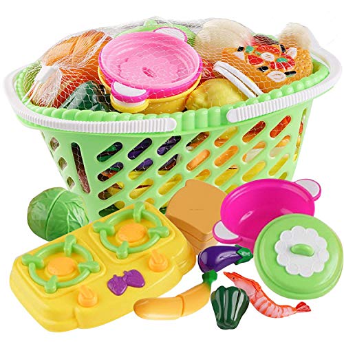 Alimentos De Juguete, Incluye La Cesta De La Compra - Frutas Plásticas Vegetales, Juguetes De Cocina No Tóxicos - Ideal Como Educativo Para Niños Y Niñas - Regalo De Cumpleaños
