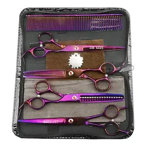LILYS PET Professional PET Dog Grooming Titanium Scissors Set,Straight & Curved & Thinning & Chunker Scissors with 1 Grooming Comb for Dog Cat and More Pets Grooming (Purple)