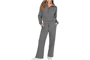 GENERIC Women 2 Piece Outfits Sweatsuit Set 2024 Spring Summer Lapel Collar Half Zip Sweatshirt Wide Leg Sweatpant Lounge Set UK Clearance Ladies Tops Trousers Matching Sets