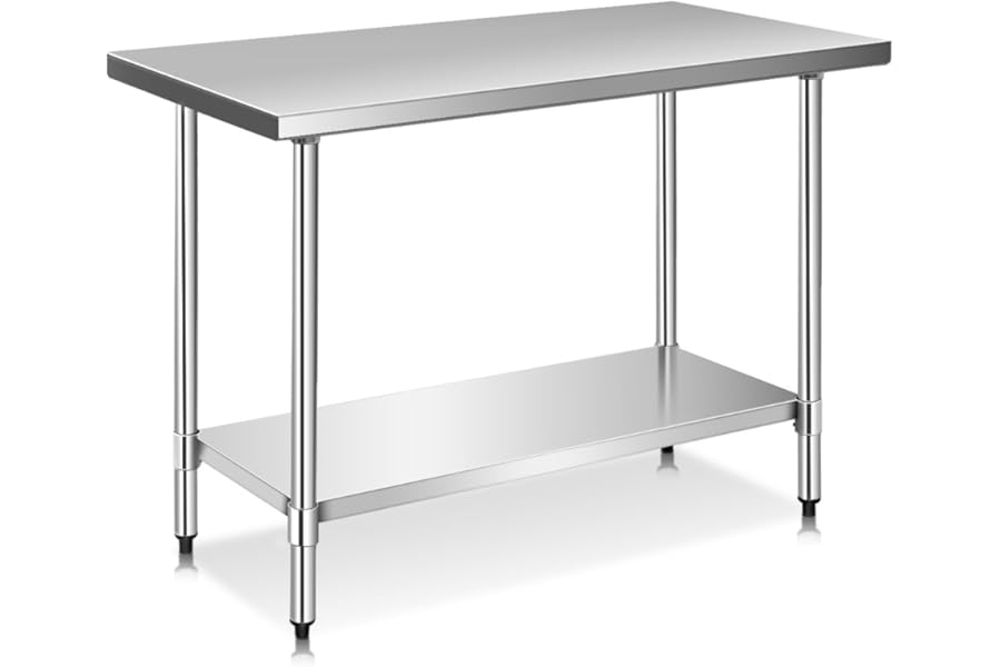 TANGZON 36x24Inch/48x24Inch/48x30Inch/60x24Inch Stainless Steel Catering Table, 250KG Heavy Duty Commercial Work Table with Adjustable Shelf, Food Prep Table Workbench for Kitchen Garage (122x61x90cm)