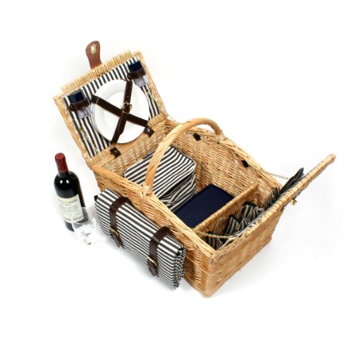 Greenfield Collection (HP003) Deluxe Somerley Picknickkorb für 4 Personen mit passender Decke, Weide, gestreiftes Futter: Mitternachtsblau – Weiß gestreift - 3