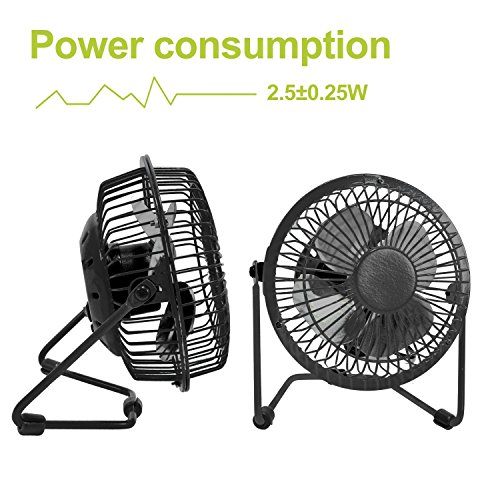 Mini Ventilator USB leise Computer Tischventilator Schreibtisch Lüfter Glamouric Tragbarer Windmaschine 4 Zoll 360°Drehbar anschluss Gehäuse Rotorblätter aus Metall Fan Für Büro Laptop (Schwarz) - 4