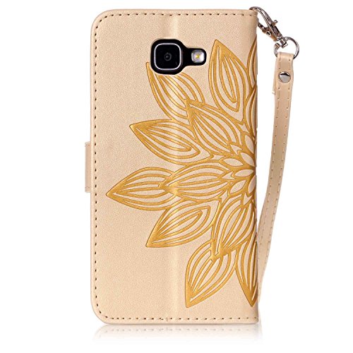 SKYXD für Samsung Galaxy A5 2016 A510F Hülle Leder Lotus Blumen Drucken Muster,Brieftasche Klappbar Glitzer Strass PU Folio Schutzhülle [Kartenfach / Magnet / Standfunktion / Trageschlaufe] Inner Silikon Klapphülle mit [Handyanhänger + Eingabestift] 3 in 1 Zubehör Handy Tasche Etui for Samsung Galaxy A5 2016 A510F Bookstyle Flip Case Leather Cover With [Stylus and Dust Plug]- Gold - 5