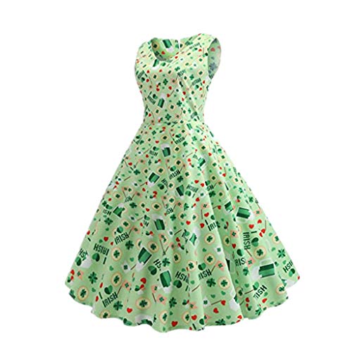 DAY.LIN Robes Casual Femmes Vintage Années 1950 Rétro Shamrock Robe De Bal Swing sans Manches Sexy St. Patrick's Day Party Club Robes Soirée Robes Cocktail(Small,Vert)