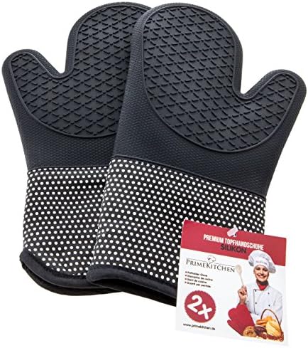 PrimeKitchen silicone and cotton 2-piece gloves, oven gloves for kitchen and grill, pot holders, 1 pair black