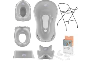 Hylat Baby Set 7: Vasca da bagno per bambini con telaio, seduta per vasca da bagno, tubo di scarico, riduttore WC, vasino, sgabello - stabile e confortevole - Colore: Grigio, Design: Yeti