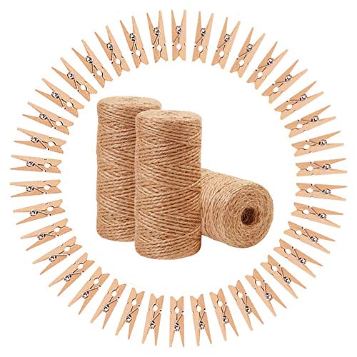 RFWIN Natural Jute Twine 3 Pack, 985 Feet 3ply Twine String, 2mm Thick Hemp Rope Roll with 50 Pcs Wooden Clothespins for Art Craft, Gift Wrapping, Photo Display, Gardening DIY Decoration
