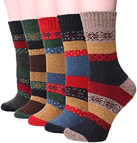 Possec Women Wool Printed Thick Winter Casual Warm Crew Socks Pack of 5 (Stripe)