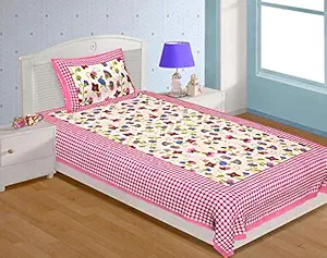 Ealth Kart Cotton Rajasthani Jaipuri Traditional Floral Single Bed Sheet with Pillow Cover - Pink