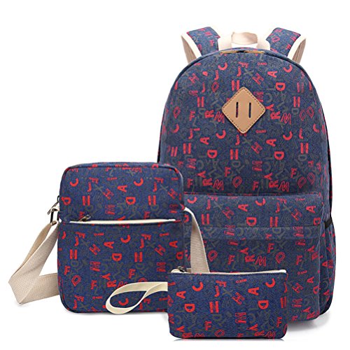 Preisvergleich Produktbild Inwagui 3 Teile Set Mädchen / Damen Schulrucksack Canvas Groß Rucksack,Schulranzen + Schultertasche / Messenger Bag + Purse -- Dunkelblau