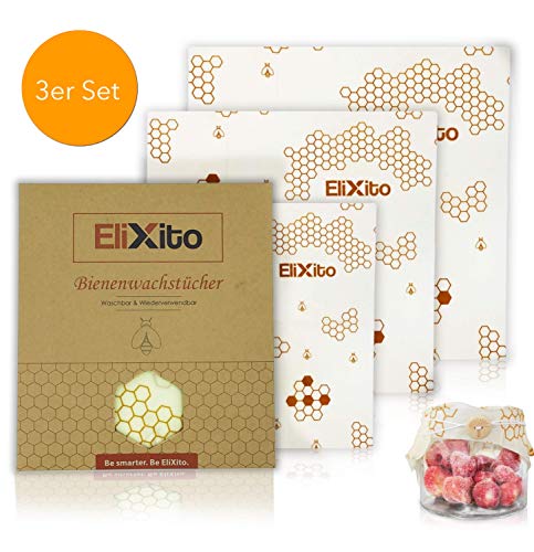 EliXito Lot de 3 Toiles de Cire d'abeille réutilisables en Coton Bio avec Cordon de Fermeture - Zero Waste avec Cire d'abeille