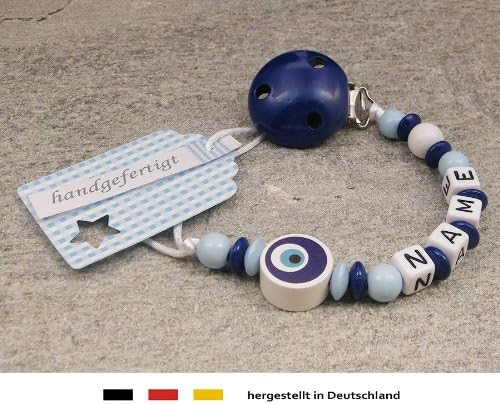 Personalised Baby Dummy Clip | Pacifier Holder with preffered Name – Boys Motif Eye of Nazar | Beststeller from Germany