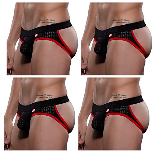Arjen Kroos Jockstrap Suspensorio Sexy Tanga para Hombre Slips Ropa Interior Thong lencería Deporte (Negro(Paquete de 4), L(76-84cm))