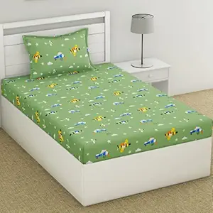 haus & kinder 186 TC Trendy Prints Cotton Single Bedsheet for Kids with Pillow (88 inch x 58 inch, Green)