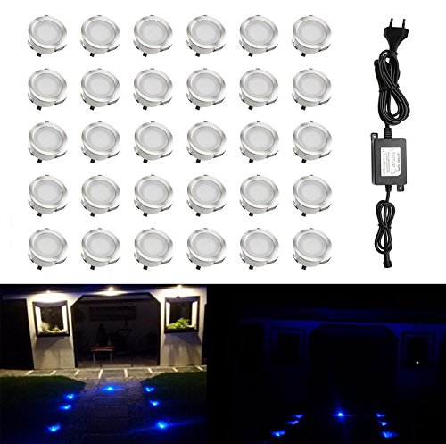 QACA 30er LED Einbauleuchten Bodeneinbaustrahler Blau Außen Wasserdicht IP67 0.6W Ø30mm Treppenstufen Garten Terrasse