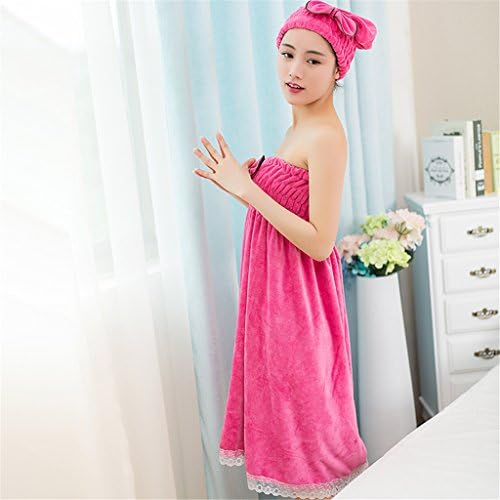 Women Wrap Lace edge Towel Robe Spa Bathrobe Set Adjustable Chest Microfiber Bath Shower Cover up Dressing Gown with Hair band (rose)