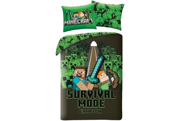 Minecraft Survival Mode Enkelsäng Påslakan 140x200 + Örngott Mikrofiber | Vändbart enkelsängset | Spänd natt mot Creepers