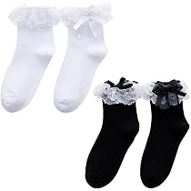 Lot De 4 Paires De Chaussettes Cheville Dentelle Pour Femmes - Blanc Et Noir, Avec Nœuds - Pour Déguisement Princesse Ou Style Quotidien
