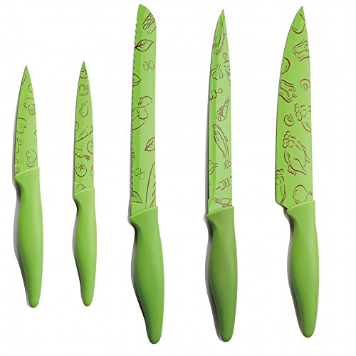 Messerset Messer Set 5-tlg Küchenmesserset Kochmesserset Küchenmesser (Brotmesser, Inox-Stahl, Schälmesser, Filetiermesser, Schneidemesser, Grün)