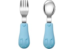 Jmbabe Toddler Fork and Spoon, Stainless Steel Baby Utensils Cutlery Set, Stainless Steel Self Feeding Spoon and Fork, Children Flatware Weaning and Learning to Use