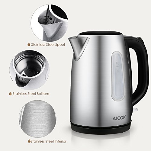 Aicok Edelstahl Wasserkocher Elektrischer Wasserkocher mit LED-Licht,Schnellwasserkocher, Automatische Abschaltung und kochendem Trockenschutz, Polierte und Kabellose Teekanne, 2200 watt,1.7L, Silber - 2