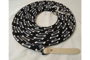 Pferdeseile_DE Bodenleine schwarz-grau-Natur 6,70 mtr - Baumwolle mit Boltsnap und Lederklatsche