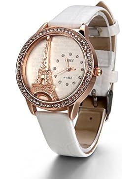 JewelryWe Damen Armbanduhr, Analog Quarz, Exquisite Leder Armband Uhr mit Strass Eiffelturm Zifferblatt, Weiss