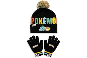 Pokémon pojkar hatt & handskar set – barn bobble mössa hatt med & stretchhandskar, svart vinter stickade tillbehörsset, 100 % akryl, en storlek
