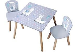 Kesper | stolik dziecięcy z 2 krzesłami, materiał: płyta pilśniowa, wymiary: 55 x 55 x 45 cm, motyw: alpaka, kolor: szary | 17702 13