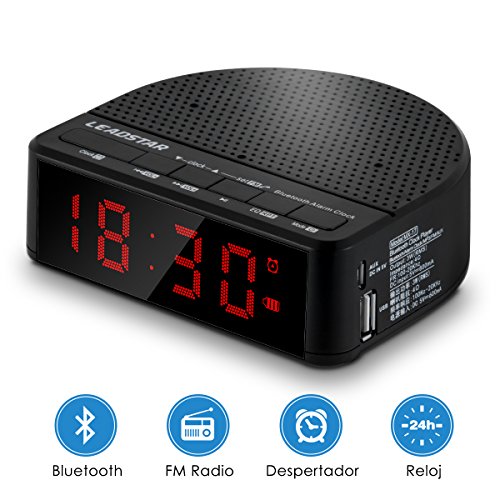 Altavoz Bluetooth, Altavoz Inalámbrico Portátil con Radio funcion para Smartphones, Tablets y Dispositivos MP3 (5W , Reloj del Dormitorio, Reloj Despertador Musical, Soporte Móvil, Radio FM, Bluetooth4.2, 3.5mm AUX/ Tarjetas TF entrada