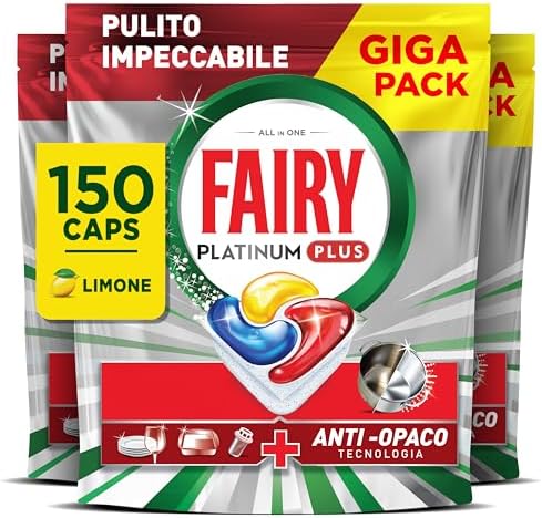 Fairy Platinum Plus Pastiglie Lavastoviglie, 150 Capsule, Limone, Detersivo Con Tecnologia Anti-Opaco, Contro Grasso e Incrostazioni Ostinate Anche nei Cicli Brevi