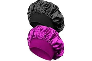 Quesuc 2 Pezzi Cuffia Seta Capelli Ricci da Donna,Cuffia per Capelli in Raso con Ampia Fascia Elastica Regolabile,Cuffia Morbida per Donne e Ragazze Protezione dei Capelli(Nero e Viola)