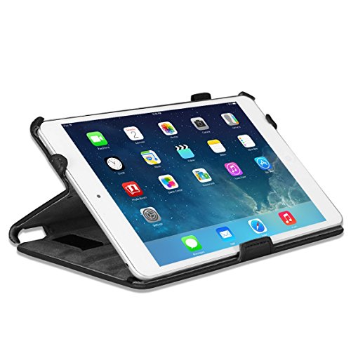 KHOMO® Black Leather Executive Case iPad Mini 1 – 2 – 3 – Professional look with adjustable stand and secure hand strap – Schwarzes Gehäuse mit doppeltem Schutz fur Apple iPad Mini, iPad Mini Retina, iPad Mini 3 - 4