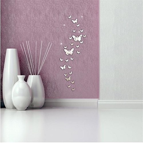 KiaraL Spiegel Schmetterling Wandtattoo 3D Wandaufkleber Wand Dekoration Silber - 3