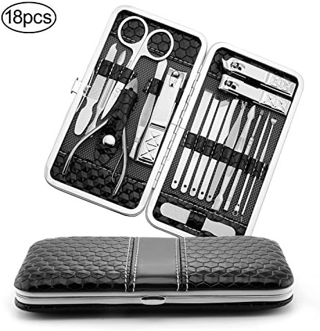 Professional Stainless Steel Nail tools set 18 Nail Clippers, Nail Cutter with Black Leather Travel Case