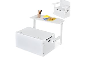 GYMAX 3 in 1 Kids Storage Bench, Convertible Toy Storage Box with Safety Hinge, Wooden Children Table and Chair Set for Playroom Bedroom (White)