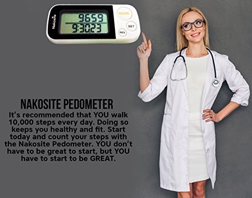 NAKOSITE-Genauer 3D Schrittzähler, Kalorienzähler, mit Fitness eBook. 30 Tage Speicher nicht 7. Meilen oder kilometerzähler mit Clip & Gurt. Pedometer mit Trainings-Modus, Tägliche Leistung Monitor, konstruiert mit Tri-Axis Technik, digitales leicht zu lesende Anzeige, Weiß. - 7