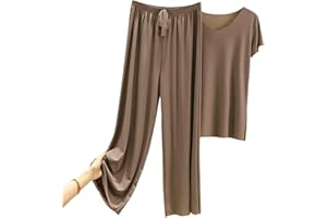 DONYKARRY T-Shirt à Manches Courtes Ice Silk Ensemble De Deux Pièces Femme Summer Slim V Cou Haut Mince Pantalon Large Décontracté Loose Loose